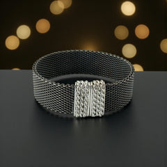 Signed Erica Zap bracelet in black nickel mesh with rhodium-plated magnetic clasp, 7-inch size, ¾-inch width, contemporary sculptural design, excellent condition.