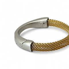 Signed Erica Zap bracelet featuring a woven 18K gold electroplated mesh band and a matte silver-tone crescent magnetic clasp. Artisan design with sculptural contrast between textures and tones. Shown from multiple angles to highlight clasp detail, mesh construction, and overall condition.
