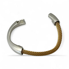 Signed Erica Zap bracelet featuring a woven 18K gold electroplated mesh band and a matte silver-tone crescent magnetic clasp. Artisan design with sculptural contrast between textures and tones. Shown from multiple angles to highlight clasp detail, mesh construction, and overall condition.