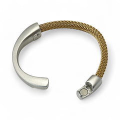 Signed Erica Zap bracelet featuring a woven 18K gold electroplated mesh band and a matte silver-tone crescent magnetic clasp. Artisan design with sculptural contrast between textures and tones. Shown from multiple angles to highlight clasp detail, mesh construction, and overall condition.