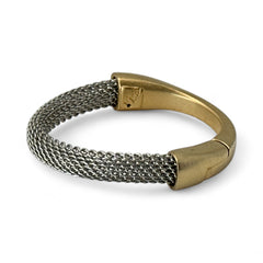 Signed Erica Zap bracelet featuring a rhodium-plated woven mesh band and a matte 18K gold electroplated crescent clasp. Sculptural magnetic closure with mixed-metal contrast. Shown from multiple angles to highlight clasp detail, mesh texture, and overall condition.