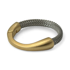 Signed Erica Zap bracelet featuring a rhodium-plated woven mesh band and a matte 18K gold electroplated crescent clasp. Sculptural magnetic closure with mixed-metal contrast. Shown from multiple angles to highlight clasp detail, mesh texture, and overall condition.