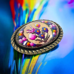 Antique Edwardian Essex Glass Style Floral Brooch | Thistle Bouquet & Garland 3-D Oval Brooch