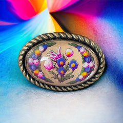 Antique Edwardian Essex Glass Style Floral Brooch | Thistle Bouquet & Garland 3-D Oval Brooch