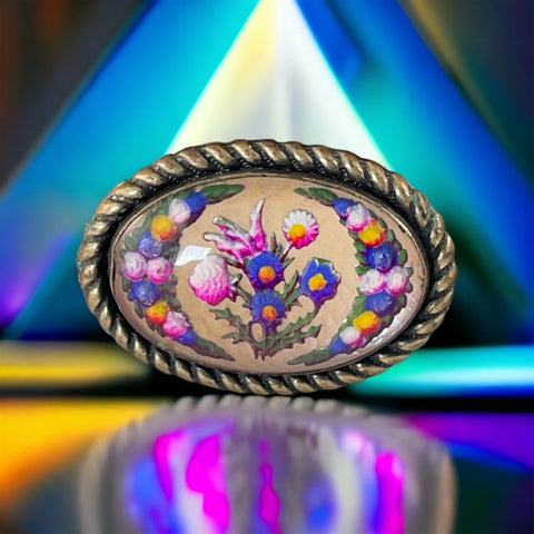 Antique Edwardian Essex Glass Style Floral Brooch | Thistle Bouquet & Garland 3-D Oval Brooch