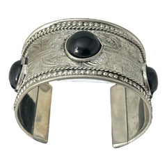 Silver Tone Cuff Bracelet with Faux Black Onyx Cabochons – Ethnic Style