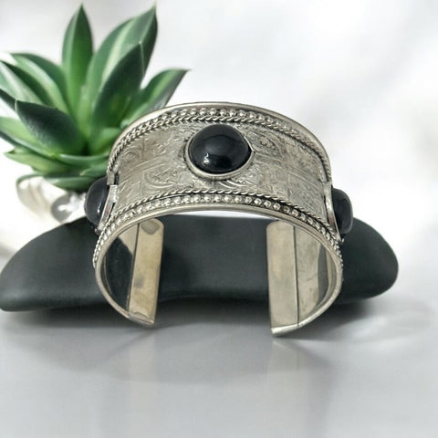 Silver Tone Cuff Bracelet with Faux Black Onyx Cabochons – Ethnic Style