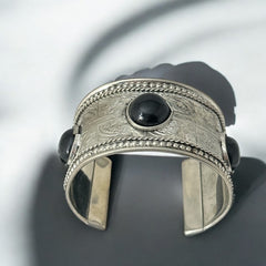 Silver Tone Cuff Bracelet with Faux Black Onyx Cabochons – Ethnic Style