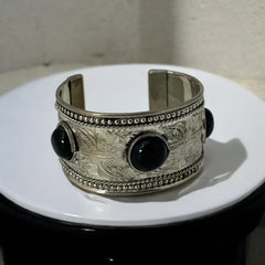 Silver Tone Cuff Bracelet with Faux Black Onyx Cabochons – Ethnic Style