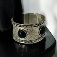Silver Tone Cuff Bracelet with Faux Black Onyx Cabochons – Ethnic Style