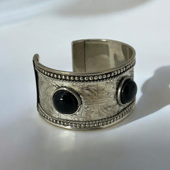 Silver Tone Cuff Bracelet with Faux Black Onyx Cabochons – Ethnic Style