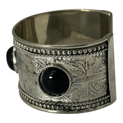 Silver Tone Cuff Bracelet with Faux Black Onyx Cabochons – Ethnic Style