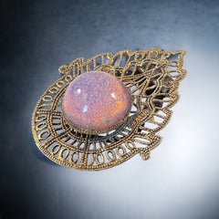 Vintage Faux Opal Cabochon & Brass Filigree Brooch/Dress Clip