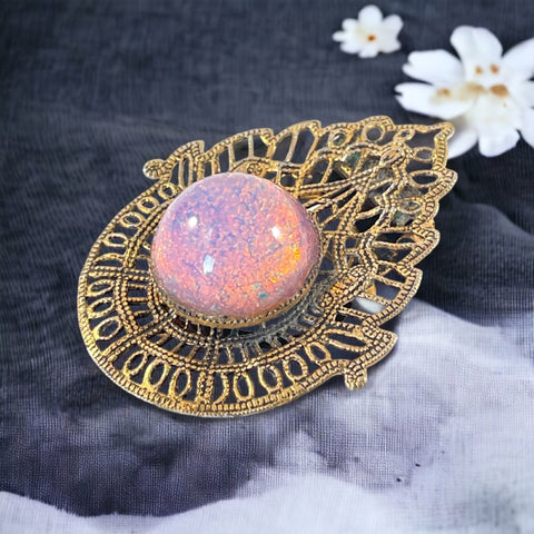 Vintage Faux Opal Cabochon & Brass Filigree Brooch/Dress Clip
