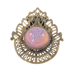 Vintage Faux Opal Cabochon & Brass Filigree Brooch/Dress Clip