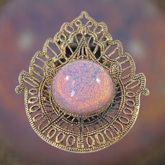 Vintage Faux Opal Cabochon & Brass Filigree Brooch/Dress Clip