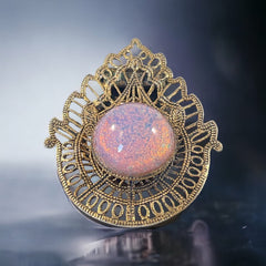 Vintage Faux Opal Cabochon & Brass Filigree Brooch/Dress Clip