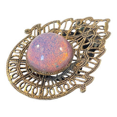Vintage Faux Opal Cabochon & Brass Filigree Brooch/Dress Clip