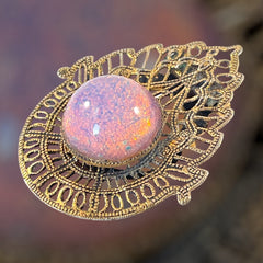 Vintage Faux Opal Cabochon & Brass Filigree Brooch/Dress Clip