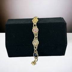 Vintage Faux Opal Glass Cabochon Gold Tone Link Bracelet | 1980s Ornate Victorian Revival Gold Tone Accessories | Jewelry Gift Idea 