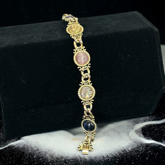 Vintage Faux Opal Glass Cabochon Gold Tone Link Bracelet | 1980s Ornate Victorian Revival Gold Tone Accessories | Jewelry Gift Idea 