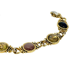 Vintage Faux Opal Glass Cabochon Gold Tone Link Bracelet | 1980s Ornate Victorian Revival Gold Tone Accessories | Jewelry Gift Idea 
