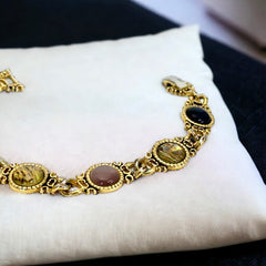 Vintage Faux Opal Glass Cabochon Gold Tone Link Bracelet | 1980s Ornate Victorian Revival Gold Tone Accessories | Jewelry Gift Idea 