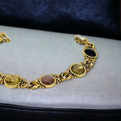Vintage Faux Opal Glass Cabochon Gold Tone Link Bracelet | 1980s Ornate Victorian Revival Gold Tone Accessories | Jewelry Gift Idea 