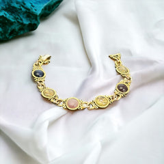 Vintage Faux Opal Glass Cabochon Gold Tone Link Bracelet | 1980s Ornate Victorian Revival Gold Tone Accessories | Jewelry Gift Idea 