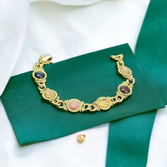 Vintage Faux Opal Glass Cabochon Gold Tone Link Bracelet | 1980s Ornate Victorian Revival Gold Tone Accessories | Jewelry Gift Idea 
