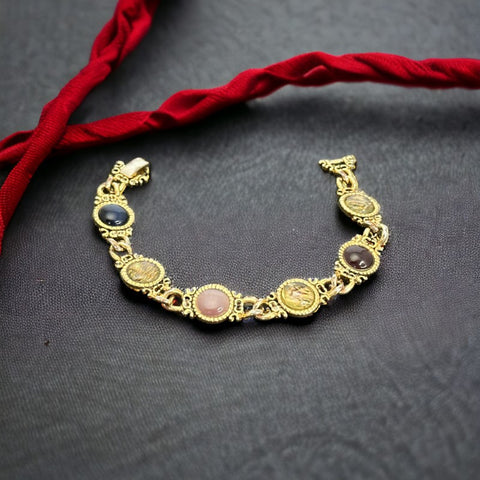 Vintage Faux Opal Glass Cabochon Gold Tone Link Bracelet | 1980s Ornate Victorian Revival Gold Tone Accessories | Jewelry Gift Idea 