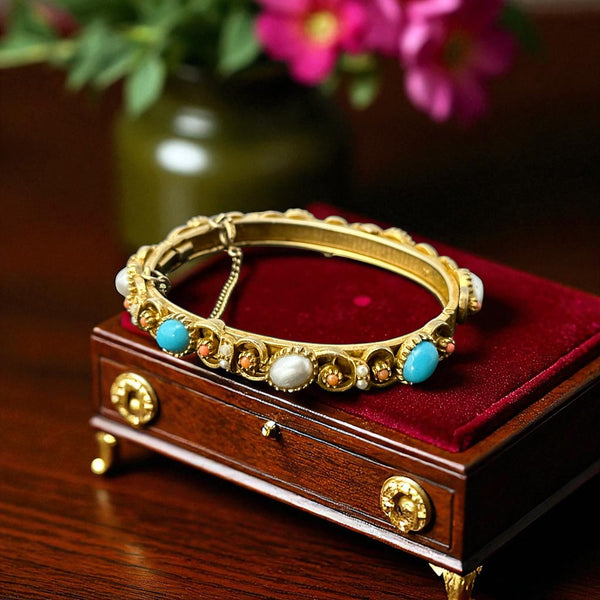 ETRO vintage bangle 100連ブレスレット FauxTurquoiseCoralPearlsGoldtT