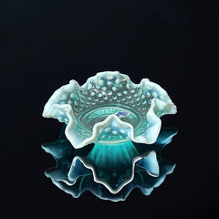 Vintage Fenton Light Aqua Blue Opalescent Hobnail Crimped Ruffled Edges Candy Dish