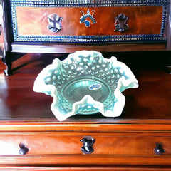 Vintage Fenton Light Aqua Blue Opalescent Hobnail Crimped Ruffled Edges Candy Dish