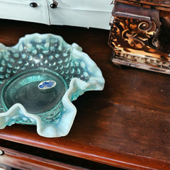 Vintage Fenton Light Aqua Blue Opalescent Hobnail Crimped Ruffled Edges Candy Dish