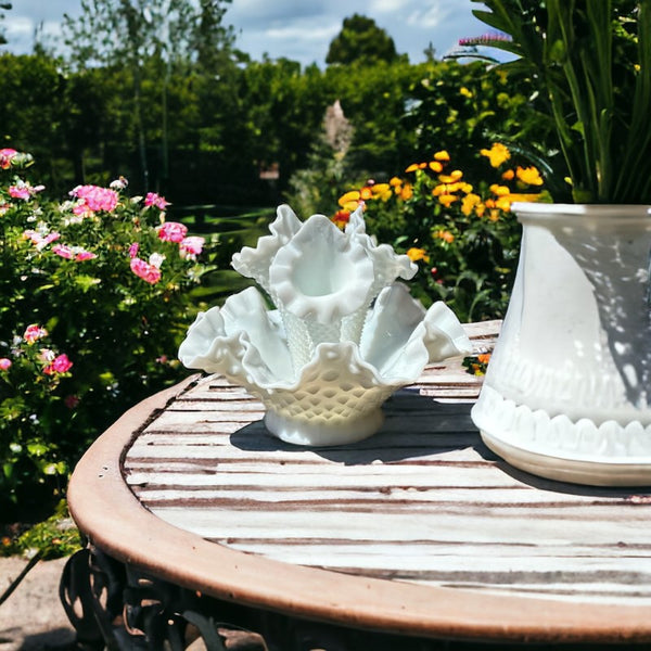 Vintage Fenton Milk Glass Hobnail Three Horn Epergne Vase – Saveur