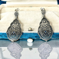 Vintage Edwardian Revival Sterling Silver & Blue Sapphire Filigree Pierced Earrings