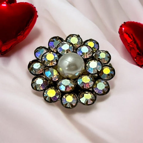 Vintage French AB Clear Rhinestones & Faux Pearl Small Floral Brooch
