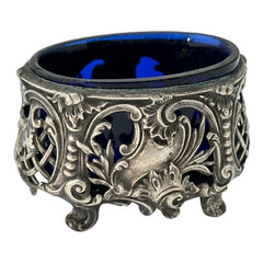 Antique French Ornate Silver Plated Footed Salt Cellars with Cobalt Blue Glass Inserts (1800s)