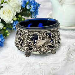 Antique French Ornate Silver Plated Footed Salt Cellars with Cobalt Blue Glass Inserts (1800s)