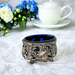 Antique French Ornate Silver Plated Footed Salt Cellars with Cobalt Blue Glass Inserts (1800s)