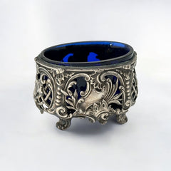 Antique French Ornate Silver Plated Footed Salt Cellars with Cobalt Blue Glass Inserts (1800s)