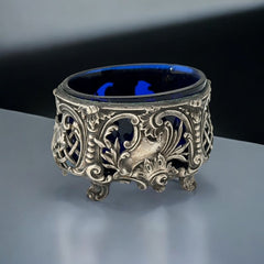 Antique French Ornate Silver Plated Footed Salt Cellars with Cobalt Blue Glass Inserts (1800s)