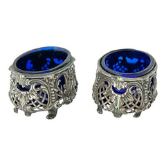 Antique French Ornate Silver Plated Footed Salt Cellars with Cobalt Blue Glass Inserts (1800s)