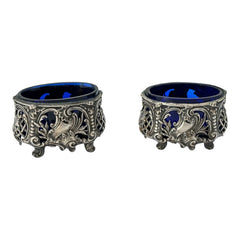Antique French Ornate Silver Plated Footed Salt Cellars with Cobalt Blue Glass Inserts (1800s)