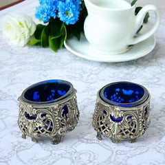 Antique French Ornate Silver Plated Footed Salt Cellars with Cobalt Blue Glass Inserts (1800s)