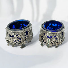 Antique French Ornate Silver Plated Footed Salt Cellars with Cobalt Blue Glass Inserts (1800s)