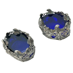 Antique French Ornate Silver Plated Footed Salt Cellars with Cobalt Blue Glass Inserts (1800s)