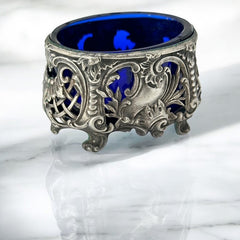 Antique French Ornate Silver Plated Footed Salt Cellars with Cobalt Blue Glass Inserts (1800s)