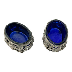Antique French Ornate Silver Plated Footed Salt Cellars with Cobalt Blue Glass Inserts (1800s)